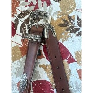 Brighton Vtg 1995 Heavy Metal Hat Basket Flowers Brown Leather Belt Gardening L